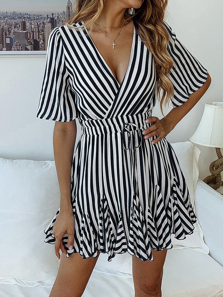 

Surplice Front Striped Flutter Hem Casual Dress