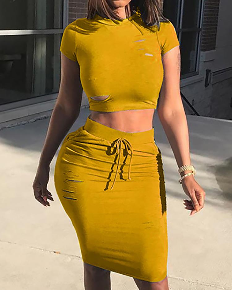 

Ripped Stretchy Waist Cropped Bodycon Skirt Set, Yellow