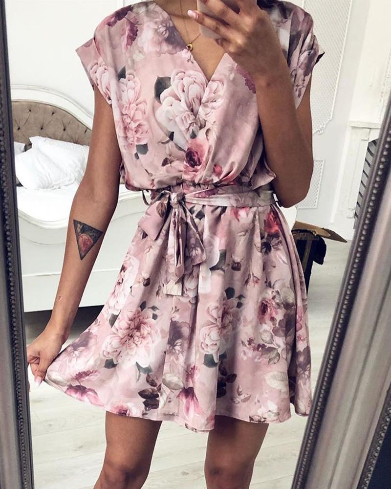 

Floral Print V-Neck Wrap Casual Dress