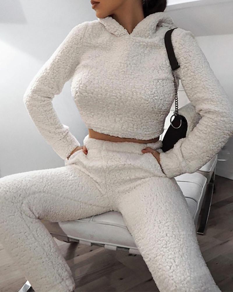 

Plain Long Sleeve Teddy Hooded Crop Top & High Waist Pants Set, White