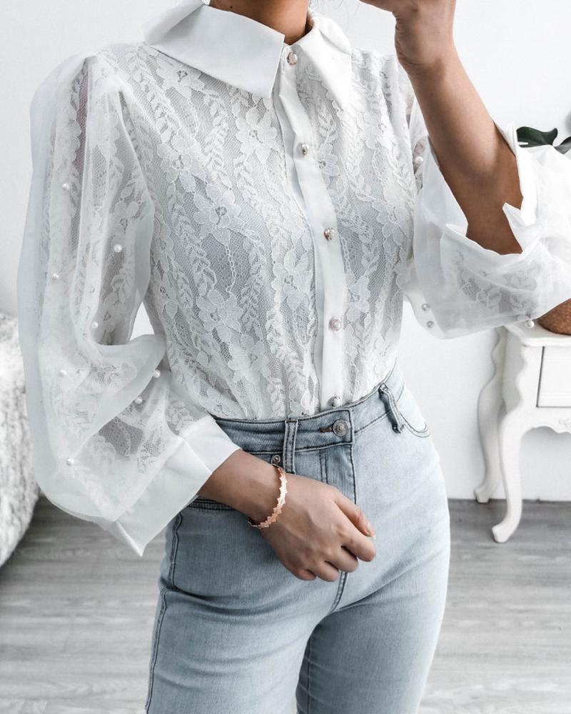 

Stitching Lace Long Sleeve Blouse, White