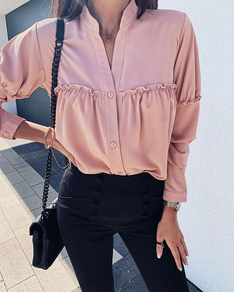 

Solid Mock Neck Frill Ruched Buttoned Blouse, Pink