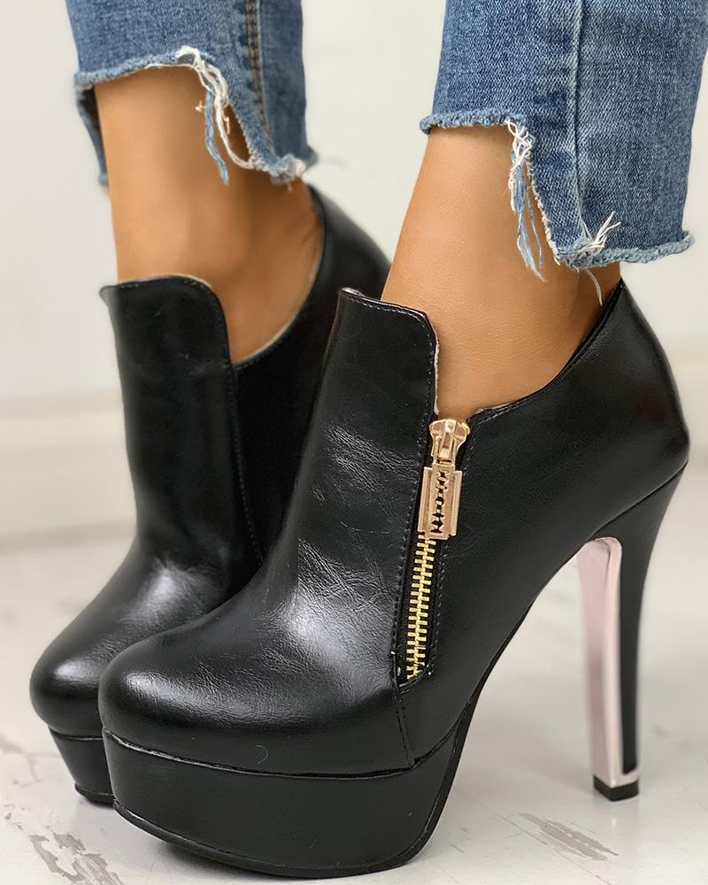 

PU Zipper Platform Thin Heeled Boots, Black