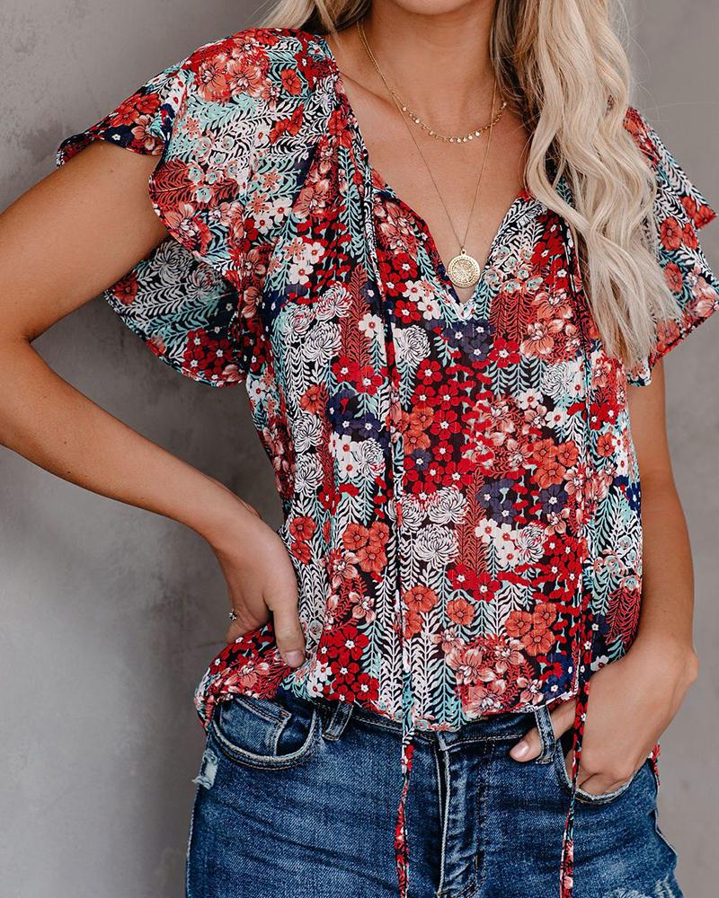 

Floral Print Ruffles Casual T-shirt, Red