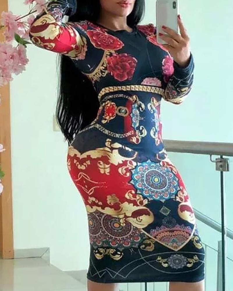 

Long Sleeve Mixed Print Bodycon Dress, Black