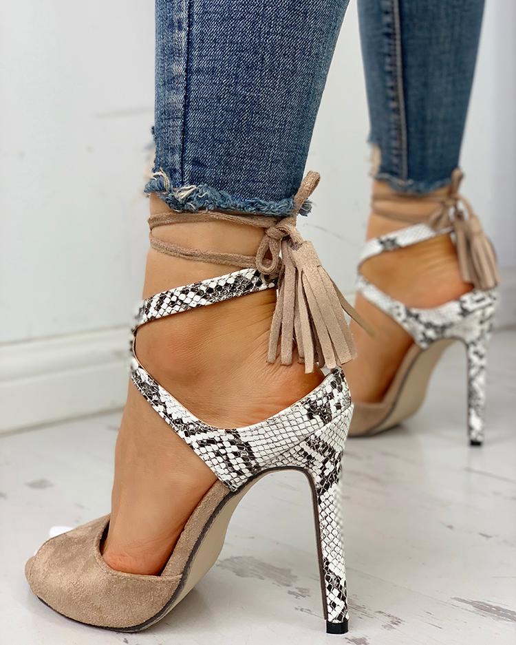 

Snakeskin Insert Tied Ankle Thin Heels, Apricot