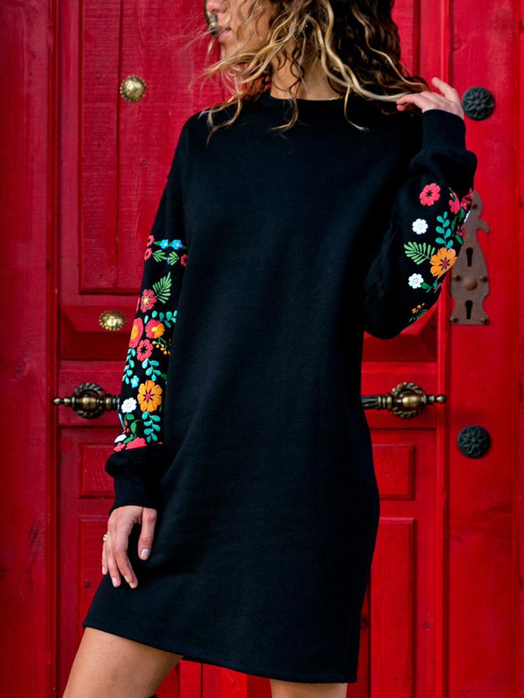 

Floral Embroidery Long Sleeve Casual Dress, Black