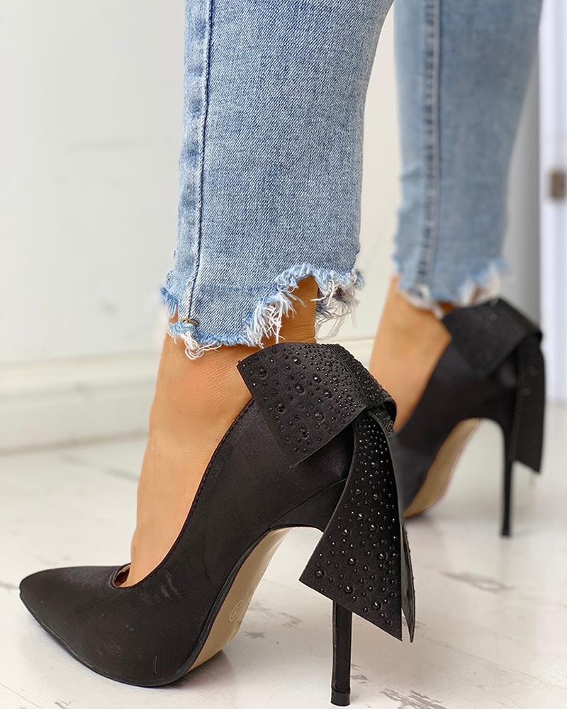 

Pointed Toe Studded Bowknot Detail Thin Heels, Black