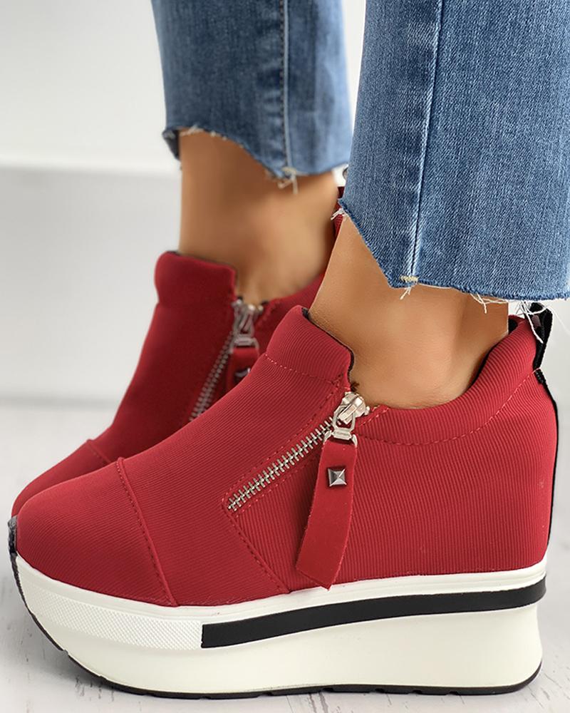 

Zipper Design Wedge Platform Sneakers, Red