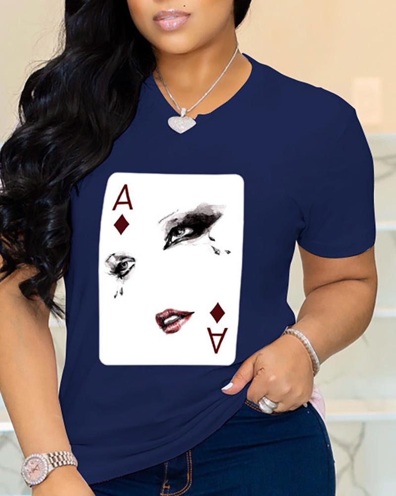 

Poker Figure Print Short Sleeve Casual T-shirt, Dark blue