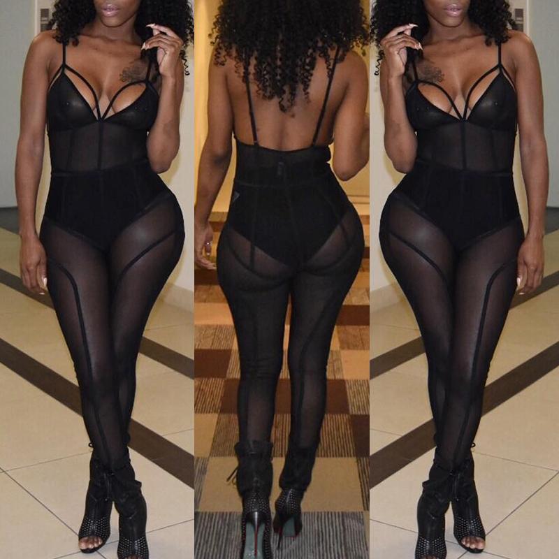 

Low Cut See Through Strappy Jumpsuit, Black