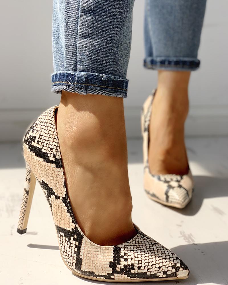 

Pointed Toe Snakeskin Print Thin Heels, Apricot