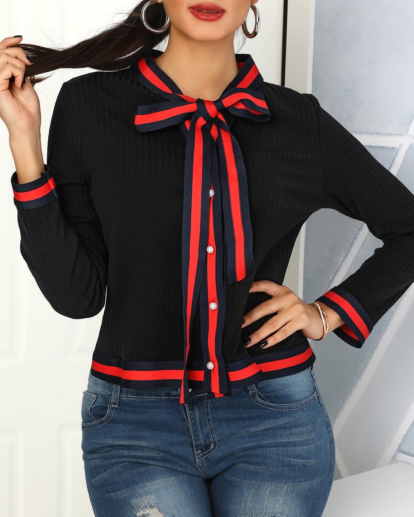 

Stripes Tape Binding Tie Neck Cardigan, Black
