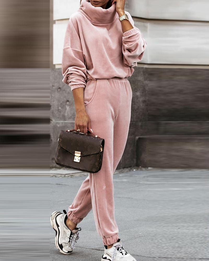 

Solid Long Sleeve Loose Sweatshirts Suit Sets, Pink
