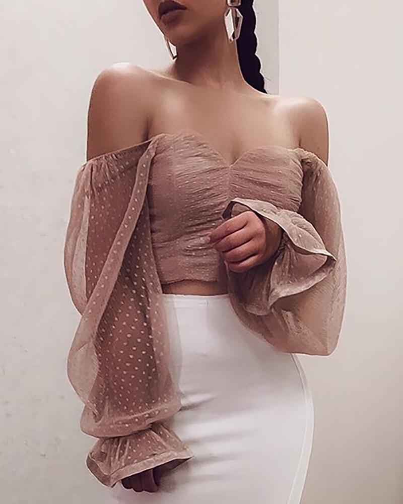 

Off Shoulder Mesh Ruched Blouse, Nude