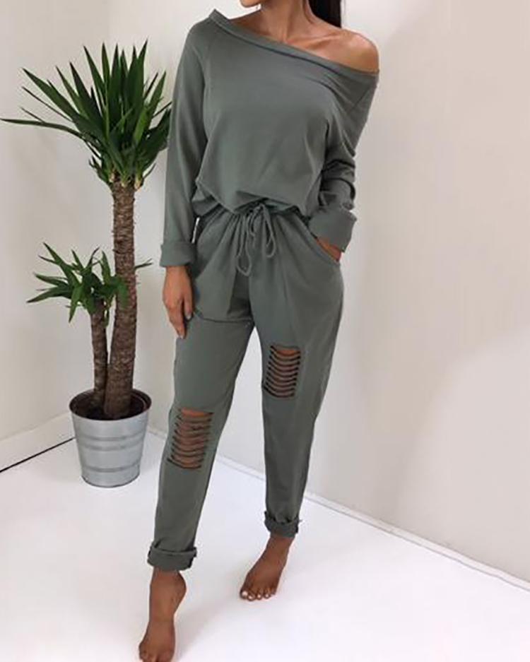 

Trendy Ripped Skew Neck Tied Waist Casual Jumpsuit, Gray
