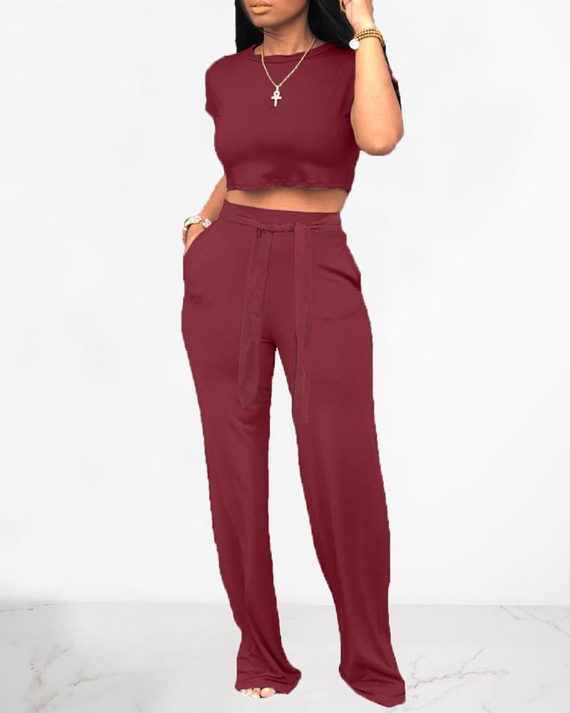 

Solid Short Sleeve Crop Top & Pant Sets, Wine red