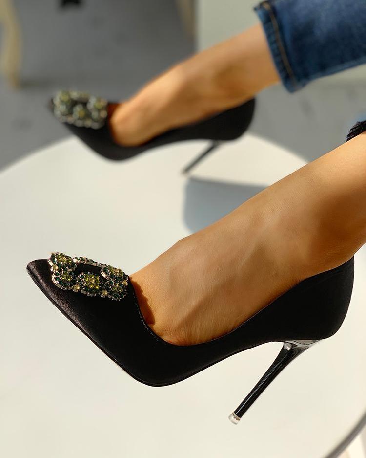 

Rhinestone Embellished Satin Thin Heels, Black