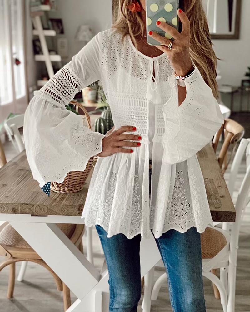

Bell Sleeve Hollow Out Casual Blouse, White