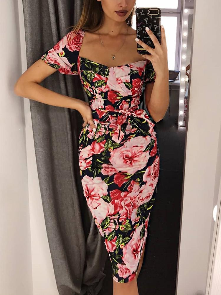 

Floral Print Sweetheart Neck Bodycon Dress, Black