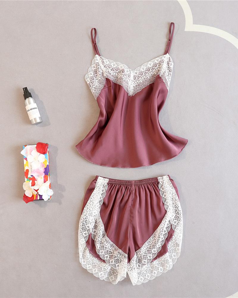 

V-neck Lace Trim Cami Sets, Pink