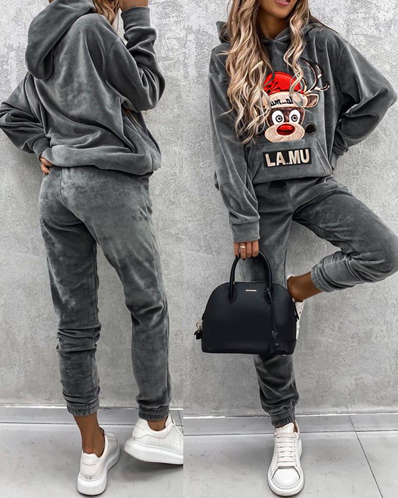 

Christmas Print Pocket Design Hooded Top & Pants Set, Dark grey