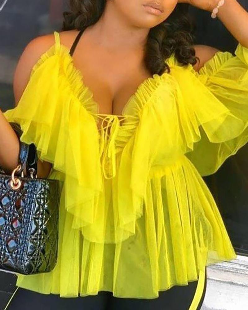 

Cold Shoulder Layered Mesh Blouse, Yellow