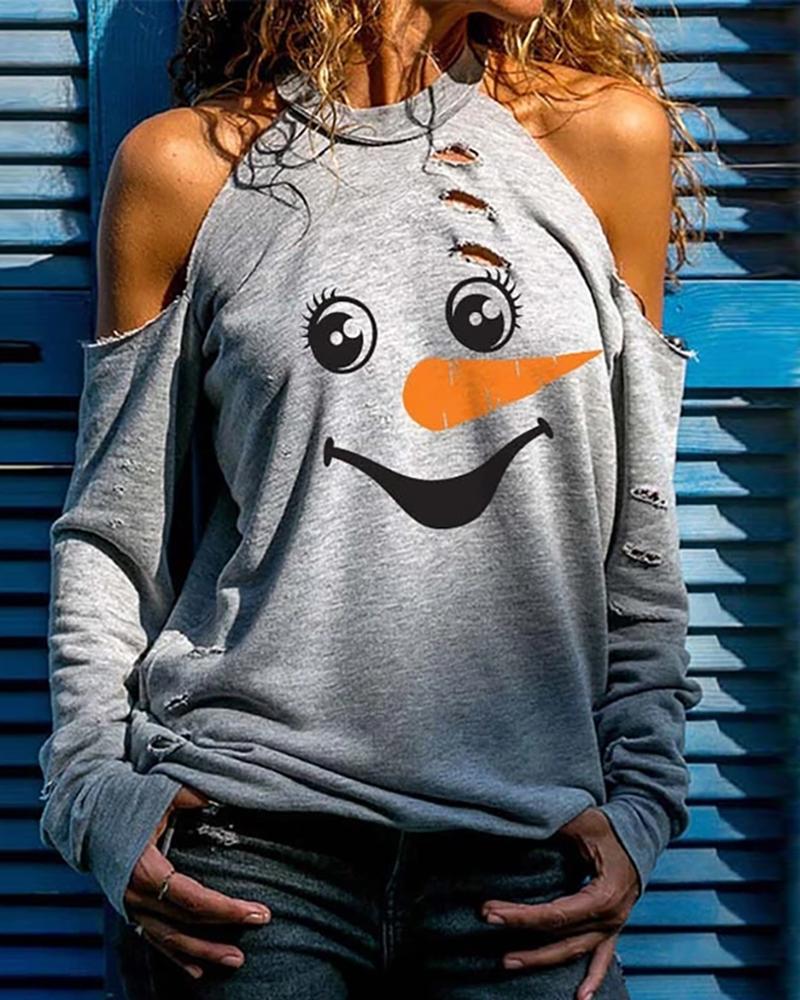 

Halloween Cartoon Print Cold Shoulder Top, Gray