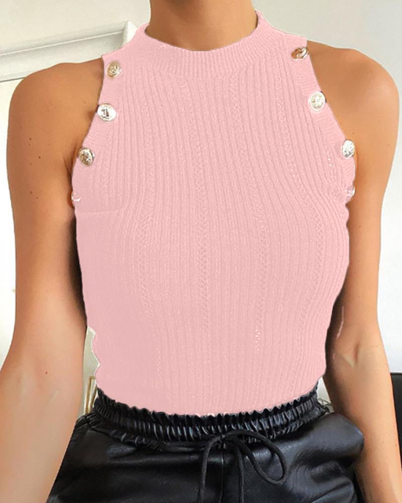 

Round Neck Bottoned Design Ribbed Top, Pink