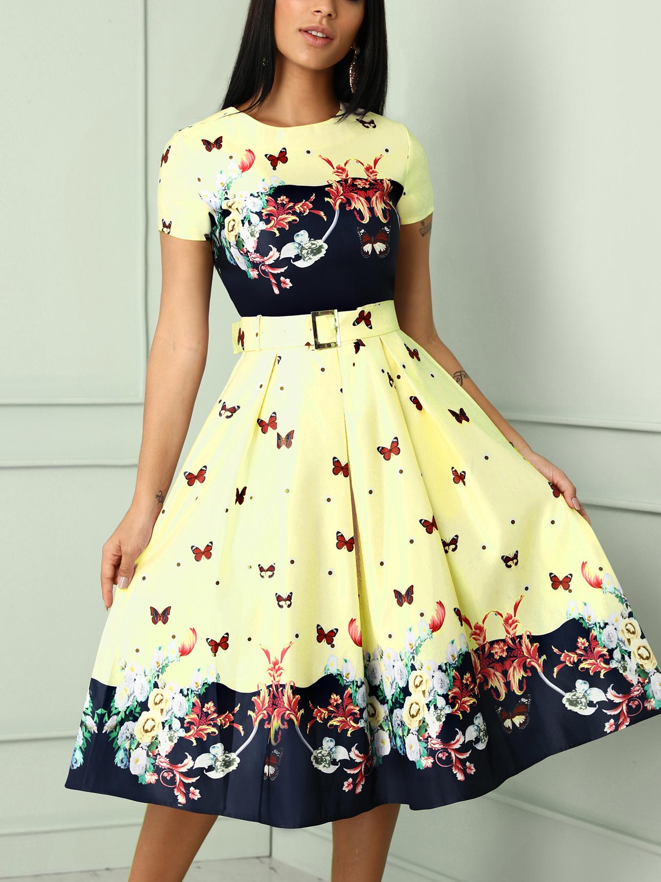 

Butterfly Print Short Sleeve Belted Pleated Dress, Yellow