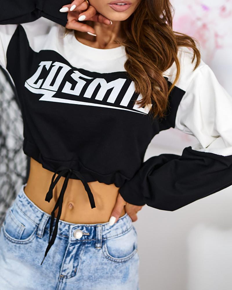

Letter Print Drawstring Long Sleeve Crop Sweatshirt, Black