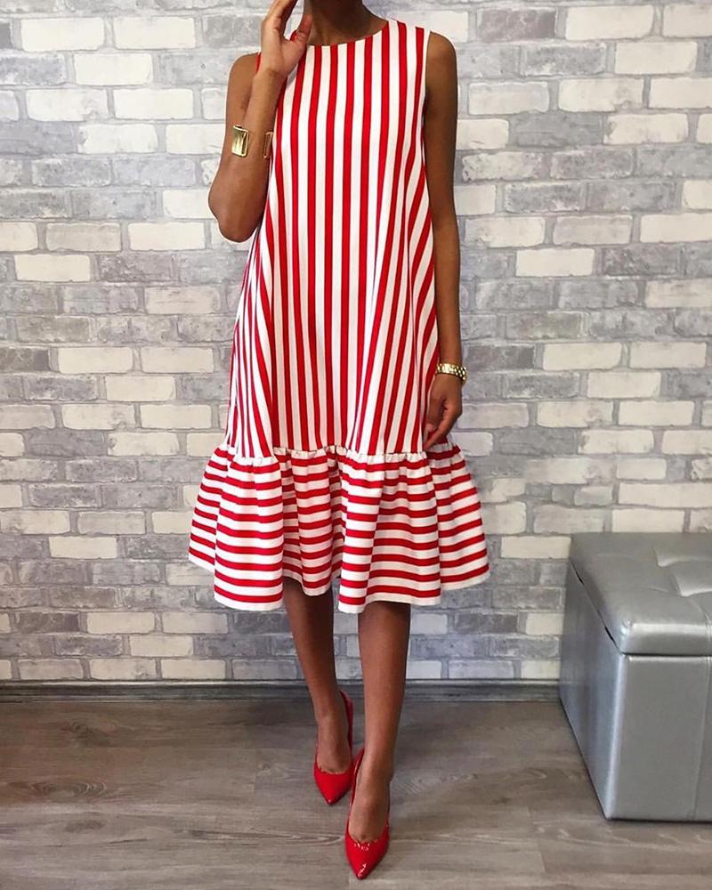 

Striped Sleeveless Ruffles Casual Dress, Red