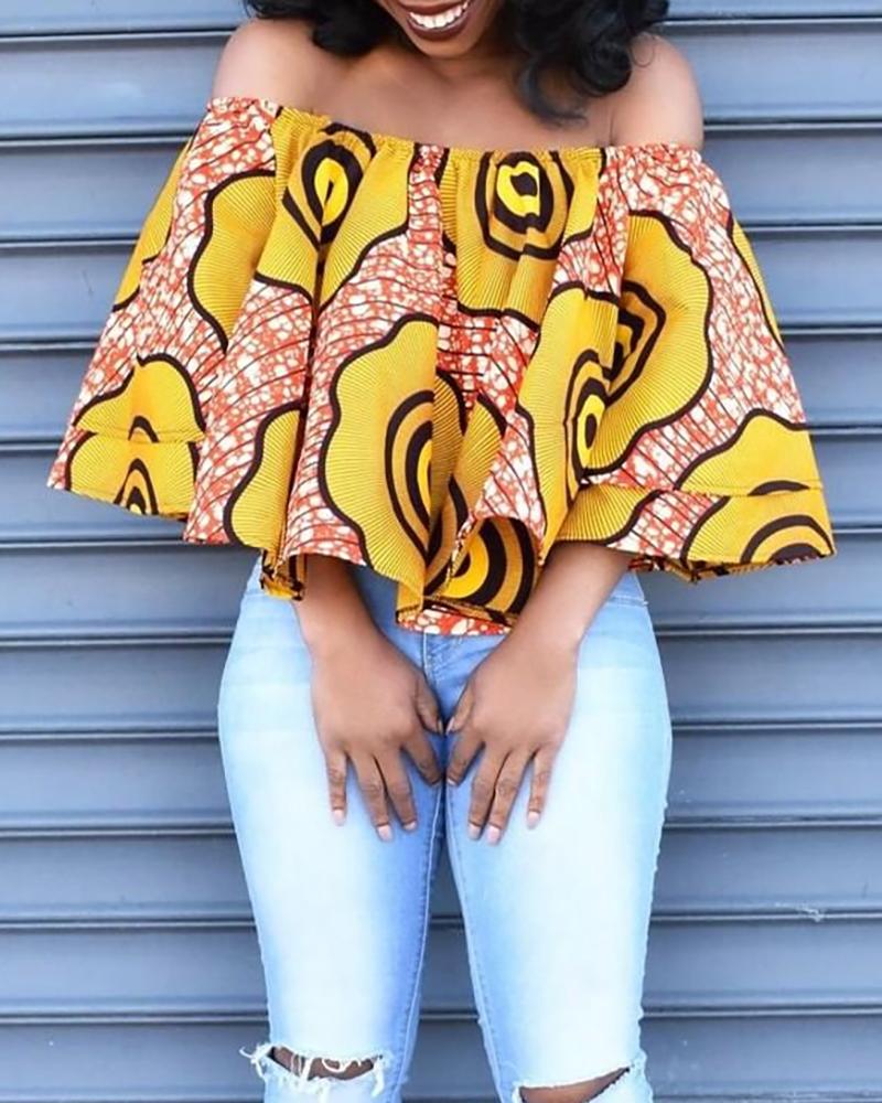 

Off Shoulder Floral Print Ruffles Design Blouse, Yellow