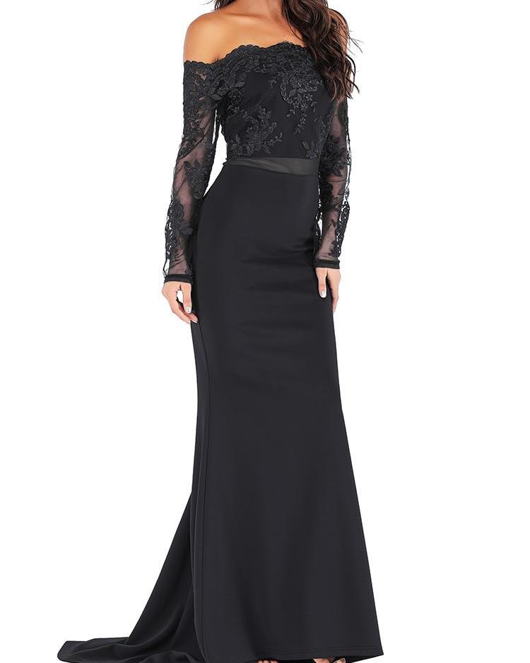 

Off Shoulder Lace Splicing Maxi Dress, Black