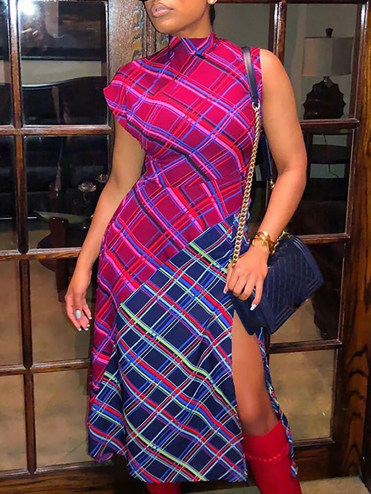 

Thigh Slit Plaid Print Irregular Dress