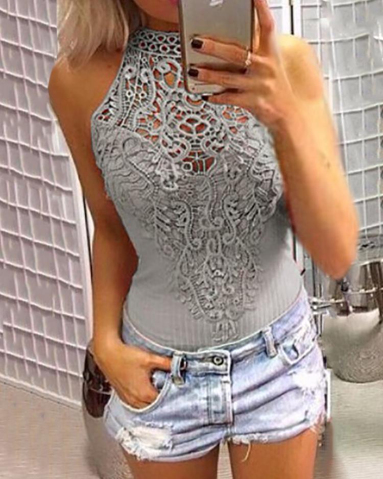 

Sexy Hollow Out Lace Crochet Slinky Bodysuit, Gray