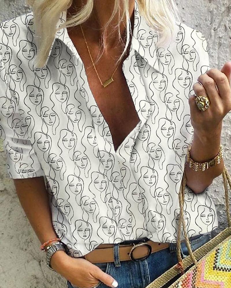 

Abstract Figure Print Casual Shirt, White