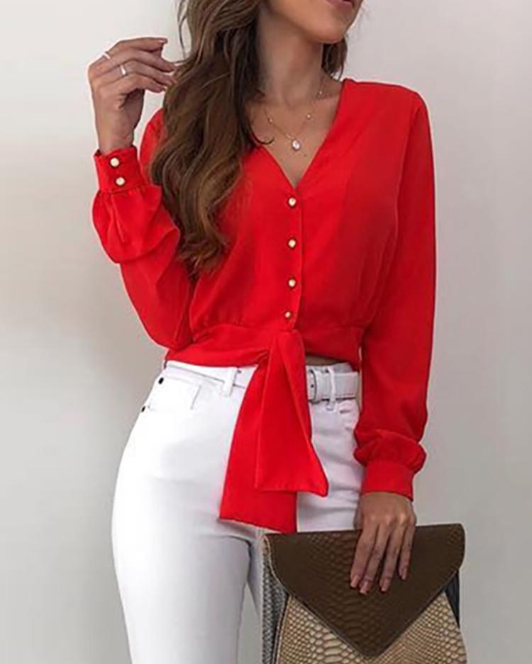 

Button Knotted Waist Casual Blouse, Red