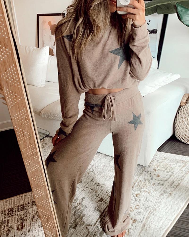

Star Print Crop Top & Drastring Pants Set, Khaki