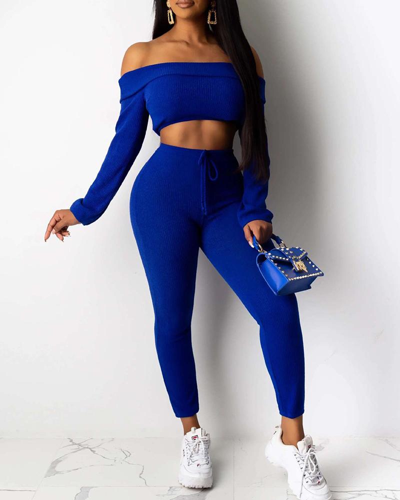 

Off Shoulder Crop Top & Pants Sets, Blue