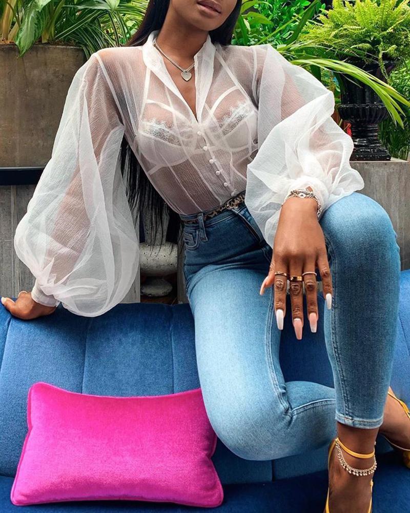 

Solid See Through Lantern Sleeve Shirt, White