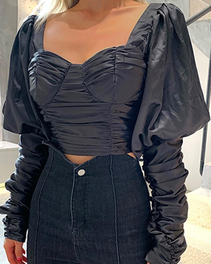 

Ruched Plain Lantern Sleeve Backless Blouse, Black