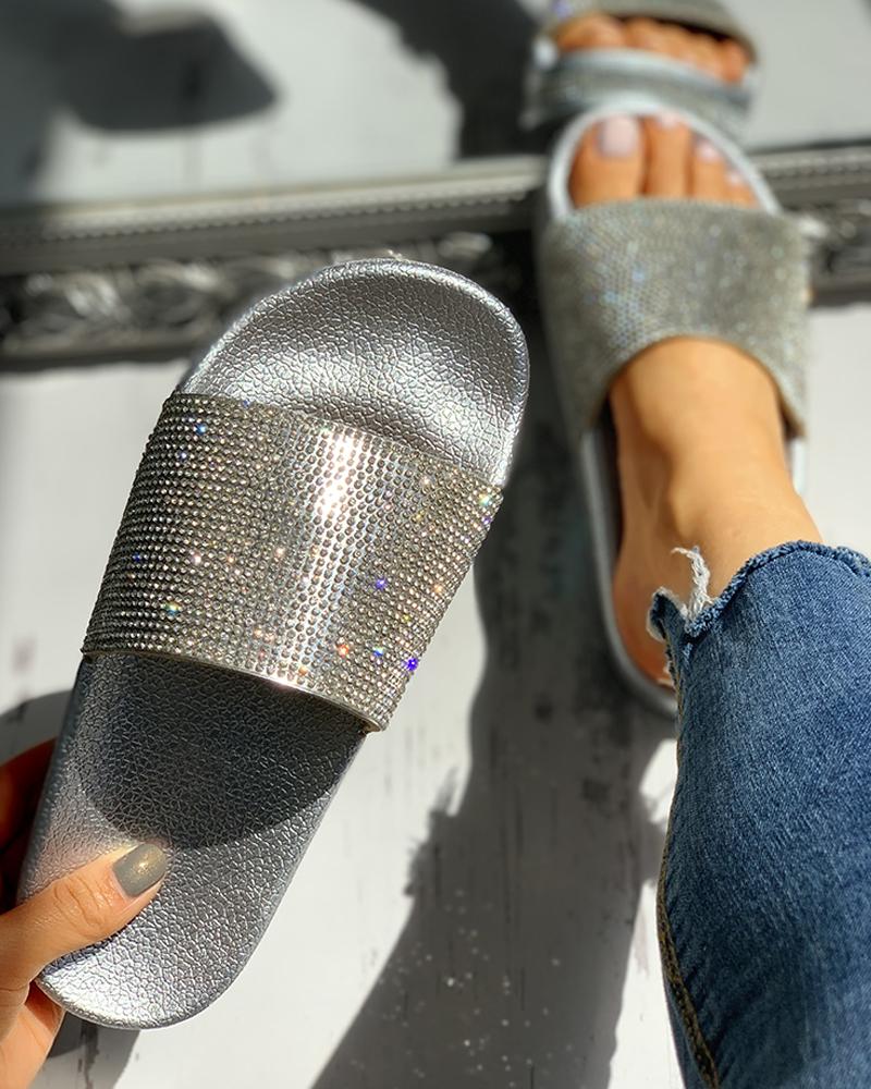 

Open Toe Studded Design Flat Sandals, Silver