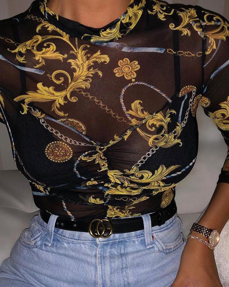 

Mock Neck Baroque Print Mesh Top, Black