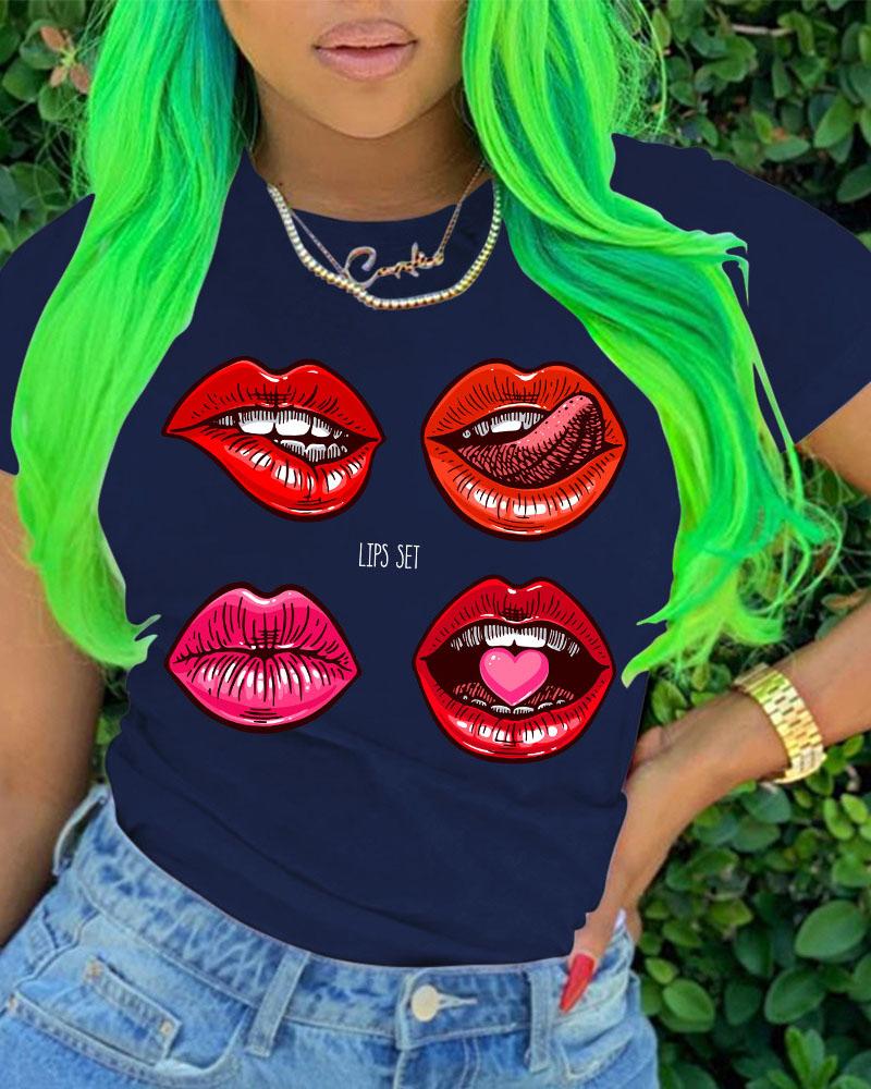

Lip Letter Print Short Sleeve Casual T-shirt, Dark blue
