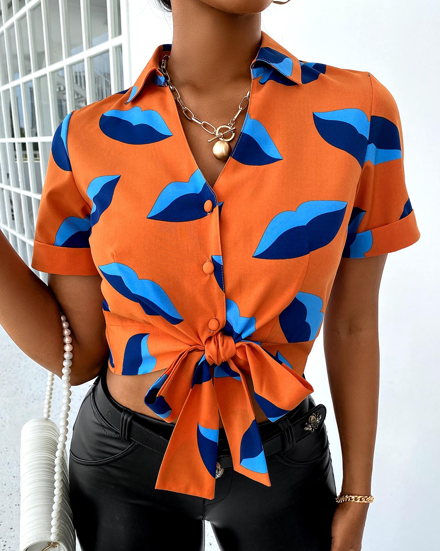 

Lip Print Colorblock Short Sleeve Shirt, Orange