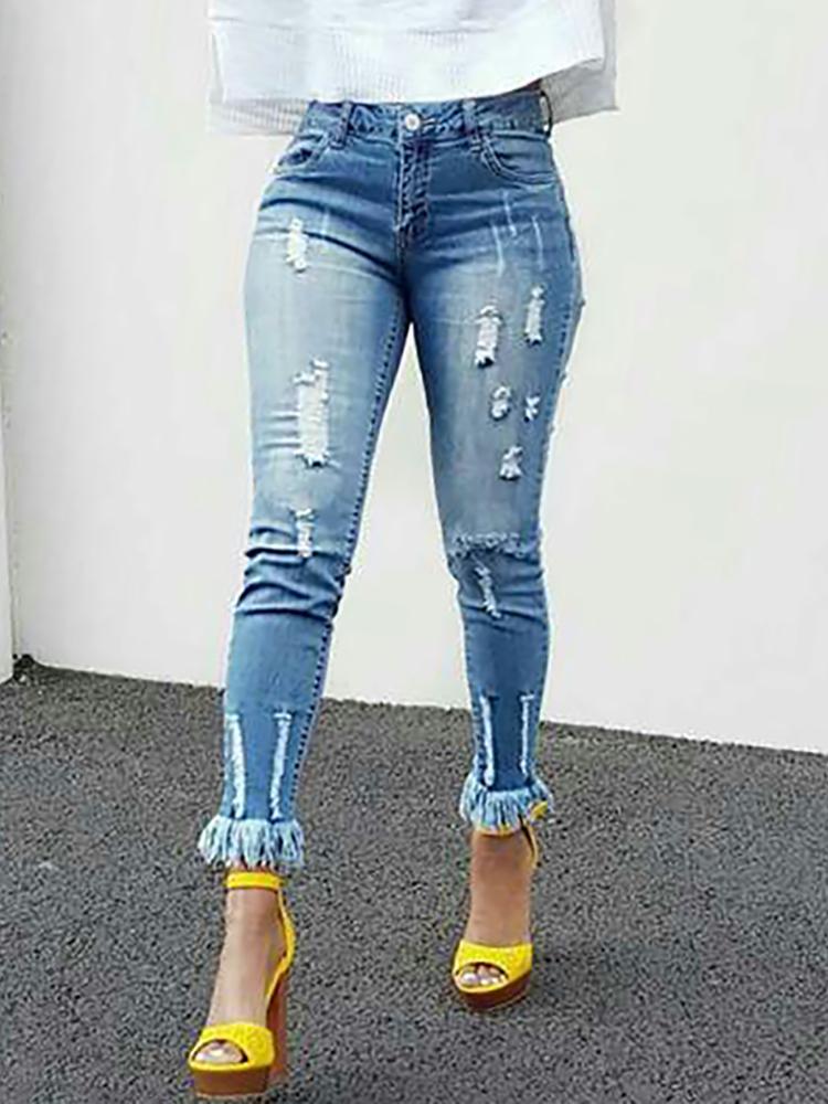 

Skinny Holey Fringe Hem High Waist Jeans