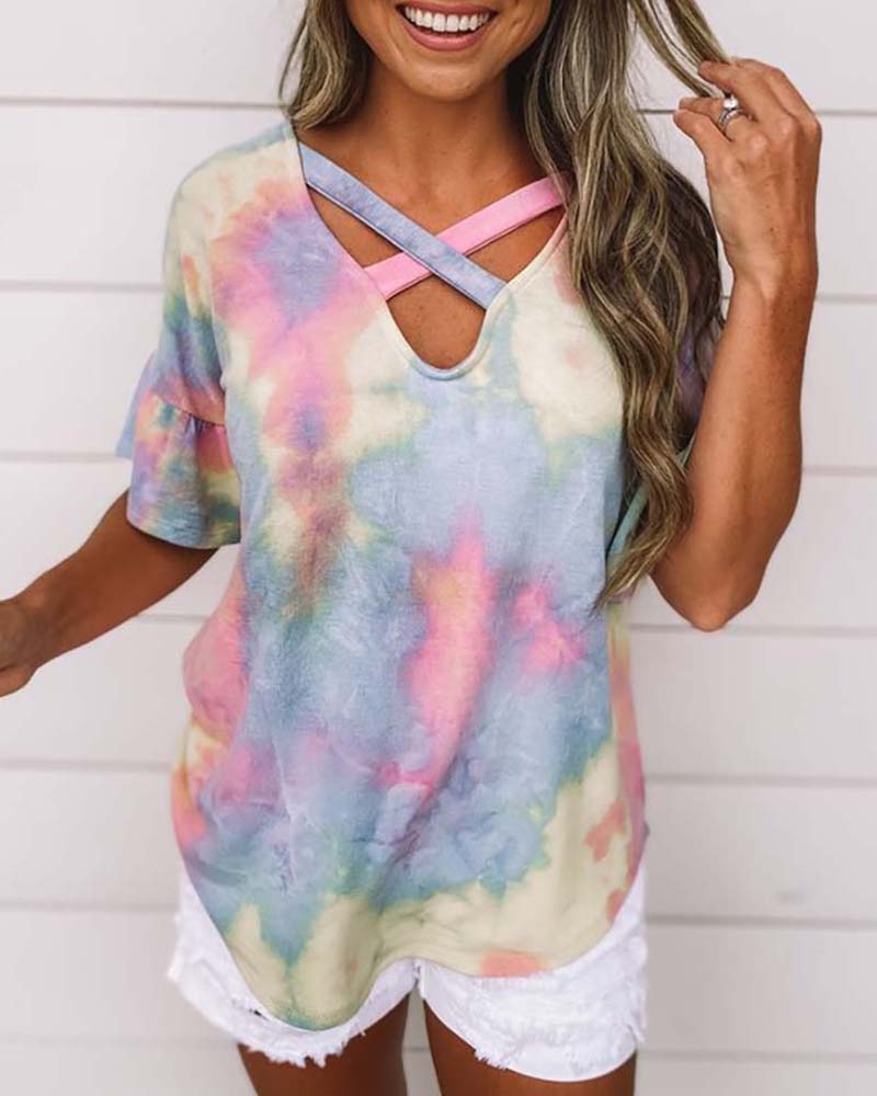 

Tie Dye Print Ruffles Crisscross T-shirt, Multicolor