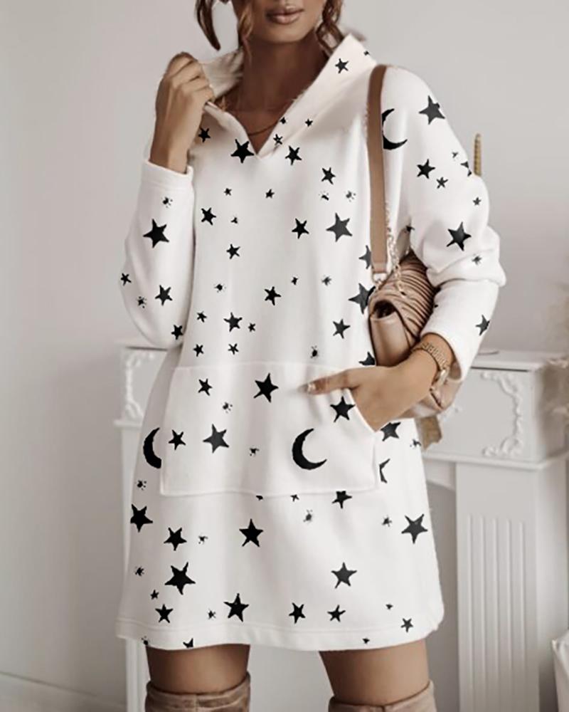 

Star Moon Print Pocket Design Hooded Sweatshirt Dress, White