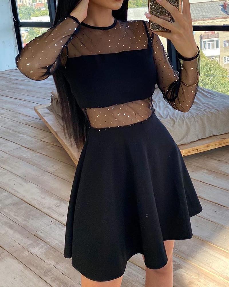 

Stitching Solid Color See-through Dress, Black